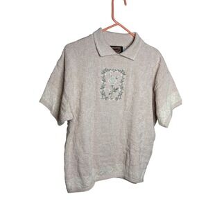 Vtg Traverse Bay Woolen Co Med Pink Rose Embroidered Knit Short Sleeve Sweater